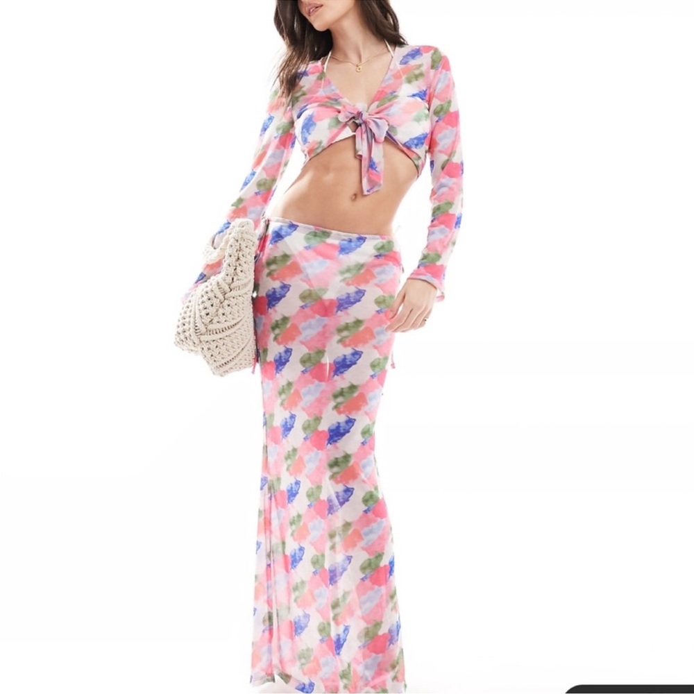 Vero Moda beach mesh maxi skirt set in blurred watercolor print